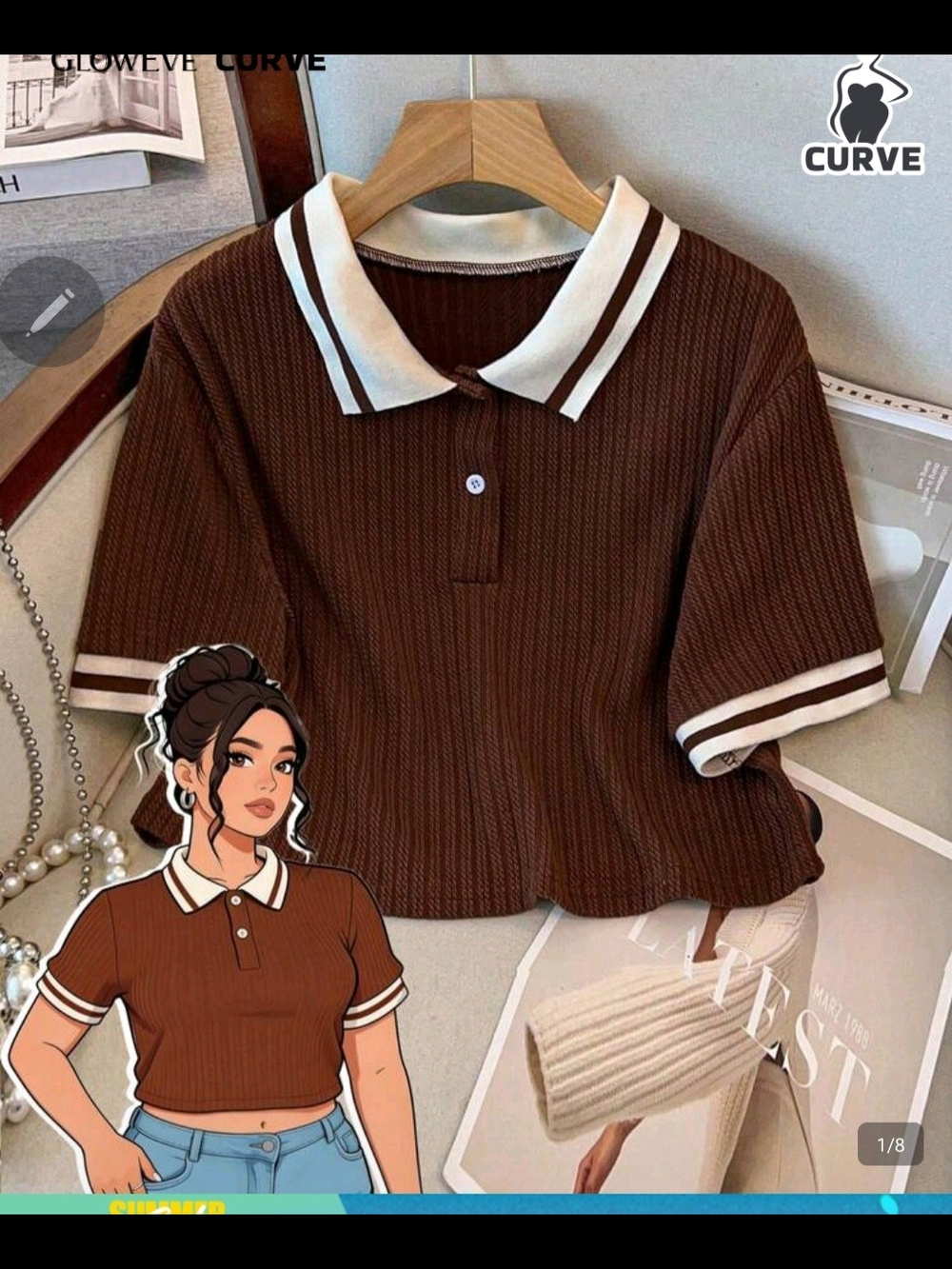 Classic Brown Polo Crop Top with Contrast Collar - Unbranded